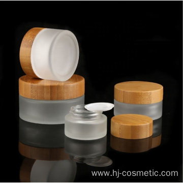 100g Environmental empty bamboo cosmetic lid frosted glass jars/cosmetic lotion bottles/cosmetic bottles and jars